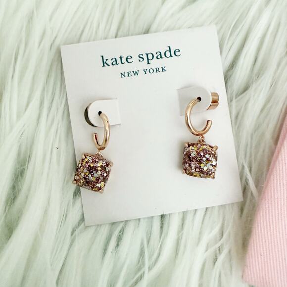 KATE SPADE | Square Glitter Stone Charm Huggie Hoop Earrings Rose Gold Pink - Picture 3 of 7